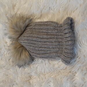 Braxton Y2K Gray Cable Knit Faux Fur Double Pom Pom Beanie
